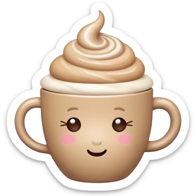 Cute Kawaii Coffee Cup, cozy and warm, a tiny swirl of steam shaped like a heart, round chubby face with a sleepy but content expression, soft pastel brown and cream colors, perfect morning vibes! sticker