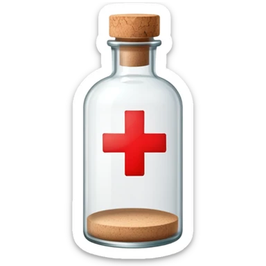 A glass medicine bottle with a cork top and red cross label sticker
