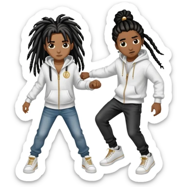 brownskin boy with black  dreads wearing white hoodie with grey jeans and white shoes and a gold circle chain beating up a darkskin girl with 8 long black french braids with brown highlights wearing black zip up and black jeans with black and white shoes. sticker