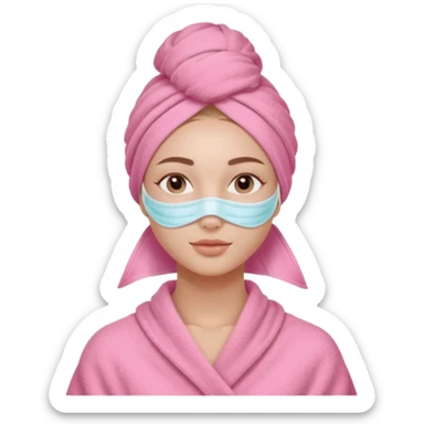 Clean girl influencer character, chest-up portrait, wearing a pink towel wrapped around the head, facial skincare mask on face, relaxed confident expression, soft glow skin, minimal chic aesthetic, subtle beauty accessories, calm self-care vibe sticker