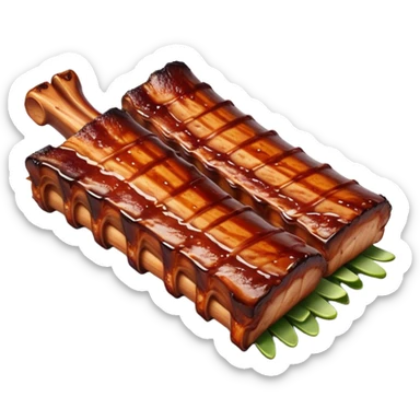 Cinematic Realistic Barbeque Ribs Dish Emoji, depicted as succulent, slow-cooked ribs with a sticky smoky glaze rendered with rich textures and dynamic, appetizing lighting. sticker