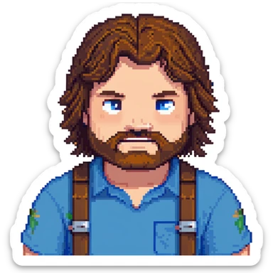 Jack Black as Minecraft Steve portrait, just face and shoulders, blocky character with brown hair, beard, and blue shirt sticker