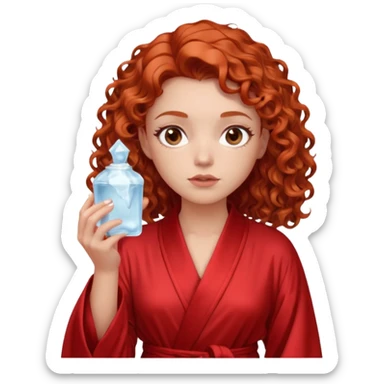 Cartoon emoji of a girl with voluminous curly red hair, fair skin, warm brown eyes. Wearing a chic milky silk robe with long sleeves, no makeup. Portrait mode, holding a ice cube for face skin care, looking doubtful and unsure. Smooth, simple, stylized." sticker