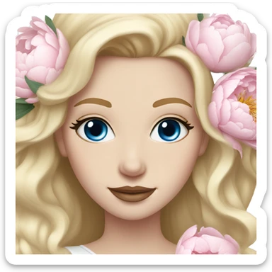 White bride with long light blonde hair and blue eyes with light pink peonies in hair white skin  sticker