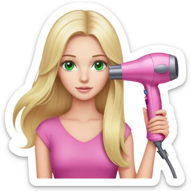 blonde woman with long hair and green eyes holding a pink Dyson hair dryer sticker