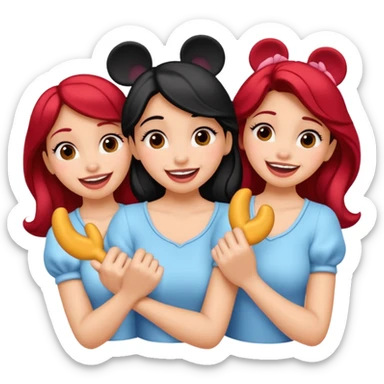 Son quatro chicas montadas en una atraccion de levantando la mano con orejas de Disney puestas en una atracción sticker