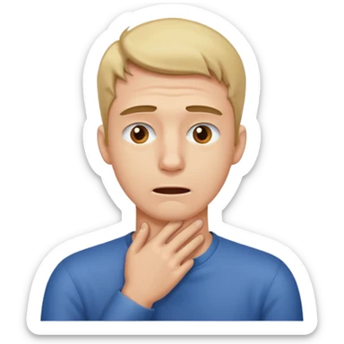 A man looking stressed holding the front of his neck  sticker