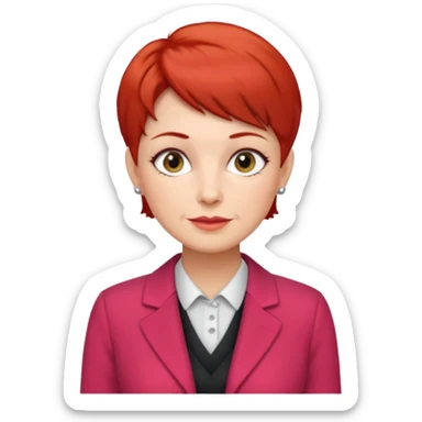 accountant older with red short hair without glasses, modern clothes, girly sticker