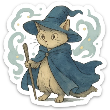 ghibli style wizard cat with a flowing cloak and magical aura sticker