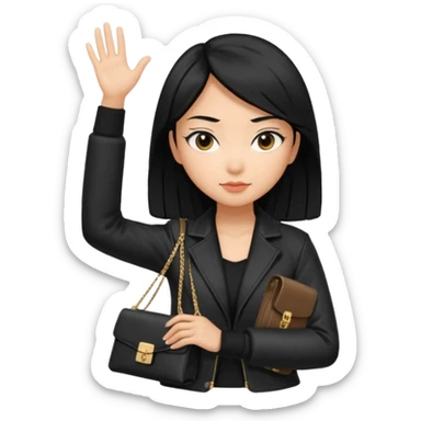 A girl with a pony tail black hair and Asian tan skin, Asian eyes, with a black jacket and a black purse with arms crossed  sticker