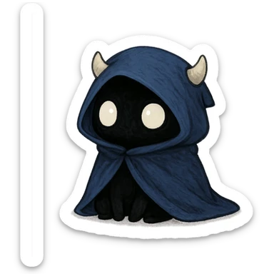 small adorable creature with a blue cloak, black body, white eyes, tiny horns under its hood sticker