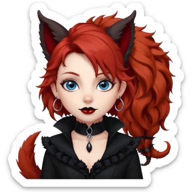  long curly red hair (darker), red pointed ears with black trim, black goth outfits, body and face human, blue eyes, more pointy chin, black lipstick, big fluffy red squirrel tail with black tips, like the attached photo with more outfits and poses,  sticker