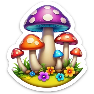 A round psychedelic colored button with beveled edges and colorful hippie style mushrooms sticker