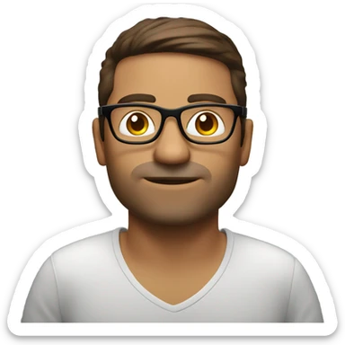 wearing semi rimless glasses 38 year old coding on macbook, with brown hair sticker