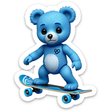 3D, adorable little Pixar style blue neon punk teddy bear on a skateboard, ultra detailed, each lash, eye, and strand of fur is shown in stunning detail as though captured in a timeless photograph, rich textures, visually rich, so lifelike it feels like it could leap off the page at any momen sticker