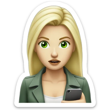 blonde woman mobile tester angry green eyes holding iphone sticker