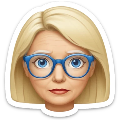 white woman about 60 years old blonde bobbed hair blue eyes glasses sticker