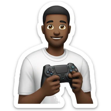 Guy playing video game with his ps5 sticker