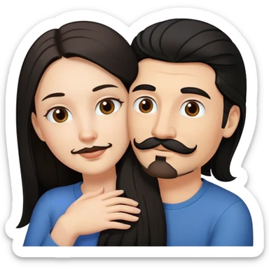 a white girl with long black hair hugging a white guy with brown hair goatee mustache sticker