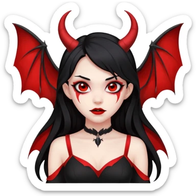 demon girl, skin red , black long hair, small horns, bat wing, black open-back dress, bold black outlines sticker