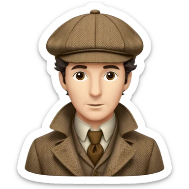 sherlock holmes, wearing a deerstalker hat with the fabric is often tweed, which features a subtle checkered or herringbone pattern with darker and lighter threads woven together, creating texture and depth.  sticker