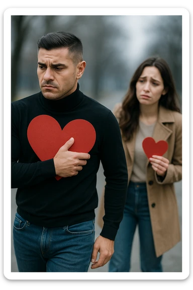 un uomo italiano in abiti casual si allontana da una donna che cerca di abbracciarlo. Lui stringe al petto un grande cuore rosso, mentre lei ne tiene uno più piccolo; entrambi hanno espressioni tristi, e la distanza emotiva è sottolineata da uno sfondo sfocato e freddo. sticker