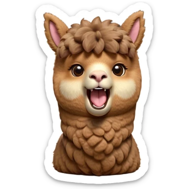 Cinematic Cute Yawning Brown Alpaca Portrait Emoji, Head tilted slightly with a dramatic, wide-open yawn, showcasing a soft, plush brown fleece with gently drooping ears, round warm eyes barely open in drowsy contentment, Simplified yet irresistibly adorable features, highly detailed, glowing with a soft, cozy glow, high shine, relaxed yet expressive, stylized with a touch of whimsy, bright and endearing, soft glowing outline, capturing the essence of a sleepy yet affectionate alpaca, so drowsy it feels like it could stretch out of the screen and curl up for a nap! sticker