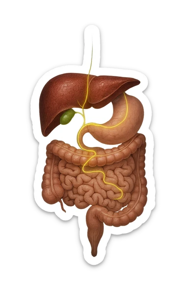 A detailed anatomical illustration-style image focusing on the human torso, highlighting the liver, gallbladder (cistifellea), and intestines. The organs are shown with realistic textures and colors: the liver in deep reddish-brown, the gallbladder as a small greenish sac tucked under the liver, and the intestines in soft pinkish hues. Connecting these organs are glowing, semi-transparent lines or light trails in vibrant colors (e.g., bright yellow or green) that visually trace the functional and physiological links between them. The lines flow smoothly from the liver to the gallbladder and then down to the intestines, symbolizing bile flow and digestive processes. The background is a subtle dark gradient that enhances the brightness and clarity of the lines and organs. The style is a blend of medical illustration and modern digital art, clear, precise, and visually engaging sticker