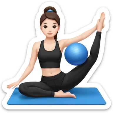 generate a pretty woman in black gym clothes doing pilates on a blue mat with a small blue ball sticker