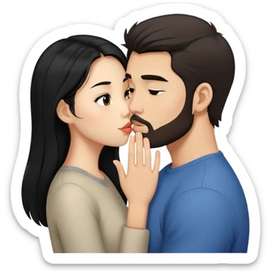Asian girl with long black hair, kissing a Caucasian guy with dark brown hair that’s short and has a light beard sticker