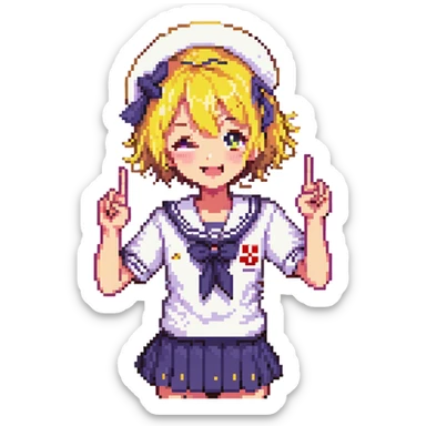 Pixel art anime girl with short bright yellow hair wearing Japanese sailor style school uniform, making victory peace signs with both hands, winking happily with excited expression sticker