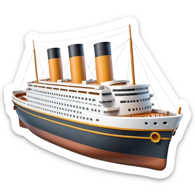 A 3D emoji of a Titanic ship in Apple style, glossy and smooth surface, bright clean colors with subtle shading, simple and minimal details, no face or expressions, floating on calm ocean, soft shadows, high-quality render, isolated on white background.


 sticker