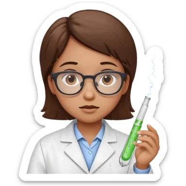 Portrait of a young scientist wearing a white lab coat, glasses, holding a test tube, curious expression sticker