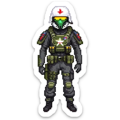 armed figure in all-black military clothing, shiesty mask, and helmet sticker