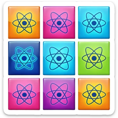 Generate 8 unique emoji-style icons representing chemical element tiles, atomic symbols, colorful science grid blocks, and laboratory chemistry themes. sticker