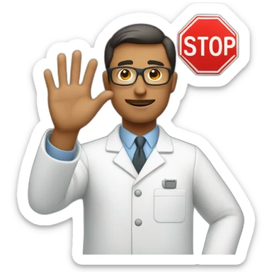 Scientist making a stop sign with his hand in front of him sticker