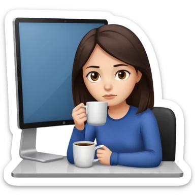 A brunette girl with dark brown eyes, dark circles under eyes, tired, sad face, with a mug of coffee in one hand and sitting in front of a computer sticker
