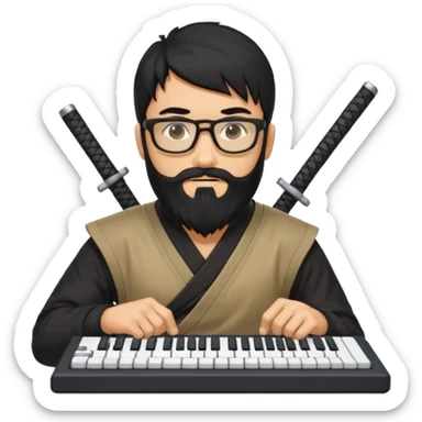 Man with black hair and beard wearing glasses in a ninja costume. Keep the top left version, make the beard longer and replace the sword with a keyboard  sticker