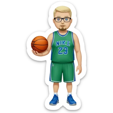 Full Body white male plus size wearing glasses with a goatee with light blonde and gray very short hair mad basketball head Coach in blue and green wearing Nike dress gear sticker