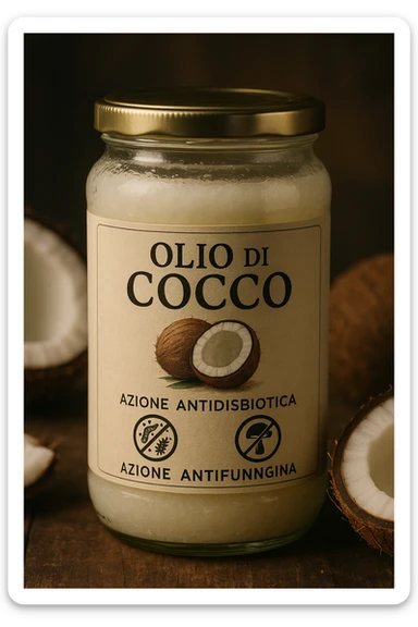 jar of coconut oil with Italian label 'Olio di Cocco', clear symbols of anti-dysbiotic and antifungal action (bacteria and fungi crossed out), realistic and cinematic style, vertical 2:3 aspect ratio, no other text. sticker