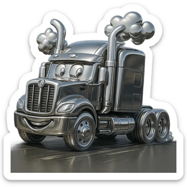 Add playful cartoon smoke coming out of the chrome stacks of the black Kenworth W680 truck rolling down the road. Make it cheerful and dynamic with visible road and motion effects, transparent background. sticker