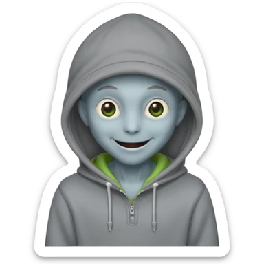 alien in gray hoodie full height, wear hoodie hat, happy sticker