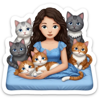 detailed realistic looking a dark grey and white cat regally laying with six other cats, cuddling with their owner in bed who is a pretty bratz lightly tanned white girl with long dark brown hair, blue eyes and gorgeous long wavy hair wearing a pretty detailed dress sticker