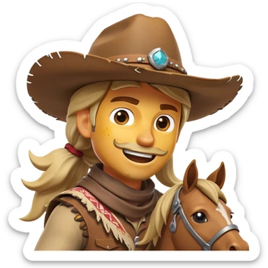 clash-of-clans-aesthetic_-cinematic-playful-cowboy-portrait-emoji, head-tilted with a roguish, cheeky grin and twinkling eyes, featuring a rugged, spirited build with a wide-brimmed cowboy hat and a weathered bandana on tan skin, riding a powerful galloping horse with dynamic flowing mane, reins gripped firmly in one hand and a lasso in the other, as dust swirls behind them in a vast desert landscape. sticker