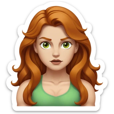 make a white girl with brownish gingerish hair that is long and wavy and dark brown eyebrows and green ish yellowish eyes and thin lips flexing her small muscles she is a tiny bit chunky sticker