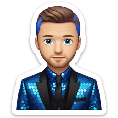 Justin Timberlake with light brown hair, blue eyes, sequin black suit jacket sticker