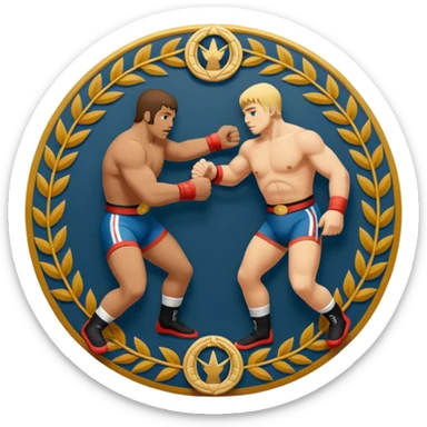 An icon symbolizing wrestling combat sports in the style of an emblem. The design features two wrestlers locked in a powerful grapple, one attempting to take the other down. Surrounding the scene are stylized elements like a championship belt, wrestling mat, and a laurel wreath. sticker