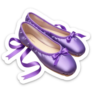cinematic-realistic-ballet-shoes,-soft-satin-purple-pointe-shoes-with-delicate-ribbons,-resting-gently-on-a-polished-wooden-floor,-subtle-creases-in-the-fabric,-glowing-under-the-warm-golden-light-of-a-rehearsal-studio,-evoking-ele sticker
