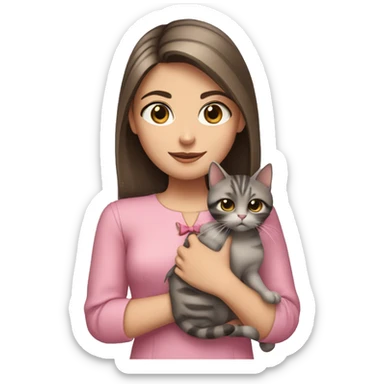 Brunette girl with straight hair in a pink blouse, holding a gray, striped, brown-eyed cat with a bow in her arms sticker