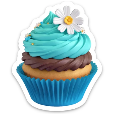 A 3D iOS-style blueberry cupcake with a teal frosting swirl, a single blueberry on top, and a small flower decoration, based on the reference image. The cupcake should have a teal wrapper and a golden-brown base, with a light shadow underneath. sticker